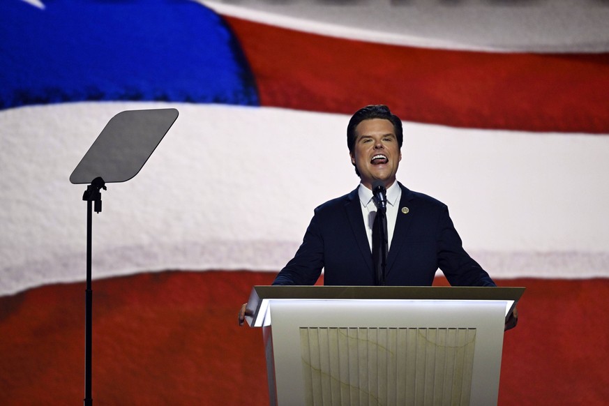 Rep. Matt Gaetz, R-FL, speaks at the 2024 Republican National Convention at Fiserv Forum in Milwaukee, Wisconsin on Wednesday, July 17, 2024. The third day of the convention is expected to focus on na ...