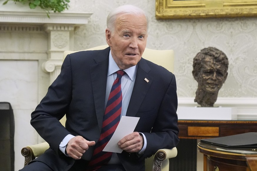 President Joe Biden listens to a question as he meets with NATO Secretary General Jens Stoltenberg in the Oval Office at the White House, Monday, June 17, 2024. (AP Photo/Mark Schiefelbein)