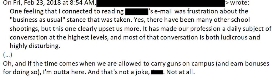 Email, Reaktion auf die Liste der zu bewaffnenden Lehrer, USA, Kalifornien.