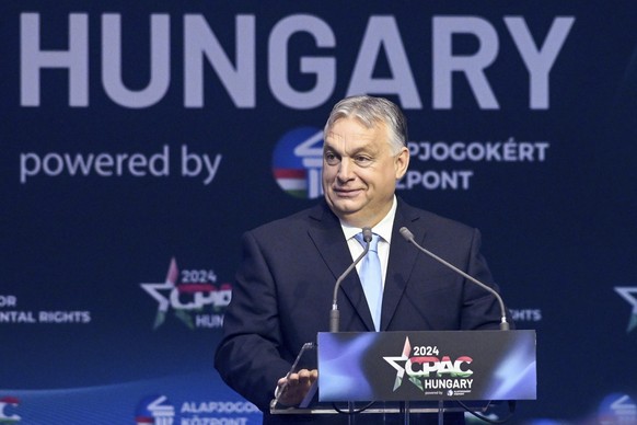 Hungarian Prime Minister Viktor Orban delivers his address at the third Hungarian edition of the Conservative Political Action Conference, CPAC Hungary, in Budapest, Hungary, Thursday, April 25, 2024. ...