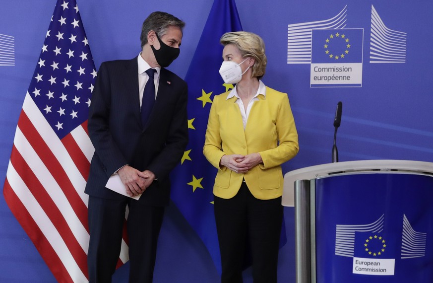 U.S. Secretary of State Antony Blinken, left, is greeted by European Commission President Ursula von der Leyen prior to addressing a media conference at EU headquarters in Brussels on Wednesday, March ...