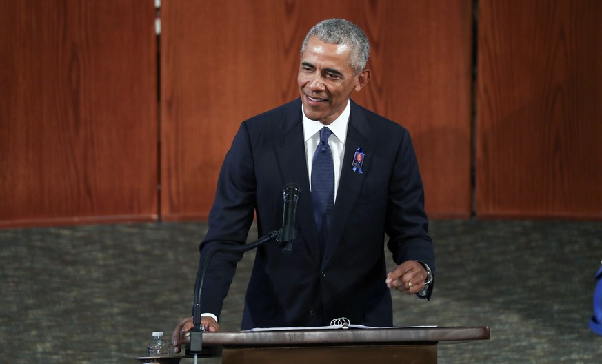 Former President Barack Obama, addresses the service during the funeral for the late Rep. John Lewis, D-Ga., at Ebenezer Baptist Church in Atlanta, Thursday, July 30, 2020. (Alyssa Pointer/Atlanta Jou ...