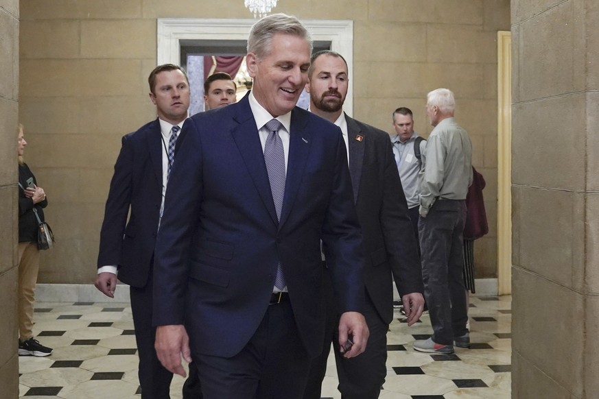 Former Speaker of the House Rep. Kevin McCarthy, R-Calif., leaves the House chamber on Capitol Hill Friday, Oct. 20, 2023, in Washington. (AP Photo/Mariam Zuhaib)