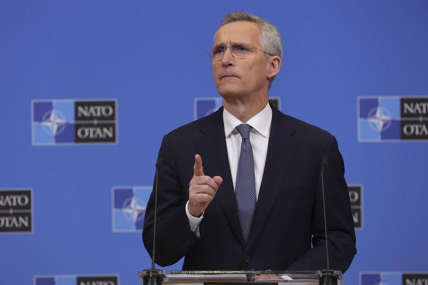 NATO Secretary-General Jens Stoltenberg speaks during a media conference ahead of a meeting of NATO defense ministers at NATO headquarters in Brussels, Monday, Feb. 13, 2023. (AP Photo/Olivier Matthys ...