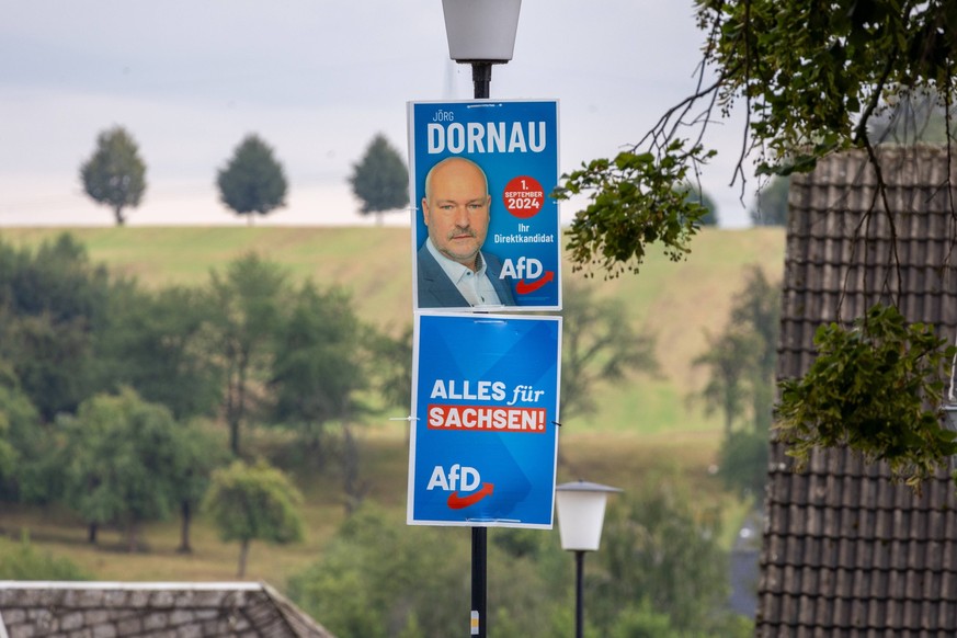 Wahlplakat der Partei AfD und ihres Kandidaten Joerg Dornau zur Landtagswahl 2024 in Sachsen mit der Losung - Alles fuer Sachsen. 02.08.2024, Zschirla, GER - Wahlplakate der Partei AfD., Zschirla Sach ...