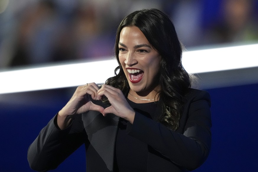 Rep. Alexandria Ocasio-Cortez (D-N.Y.) speaks during the Democratic National Convention Monday, Aug. 19, 2024, in Chicago. (AP Photo/Charles Rex Arbogast)