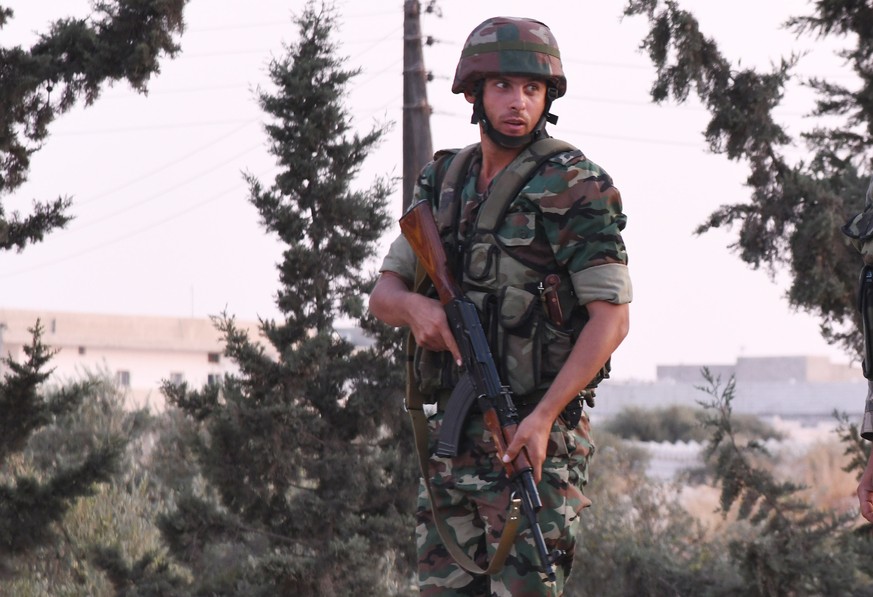 191019 -- ALEPPO SYRIA, Oct. 19, 2019 -- A Syrian soldier is seen in the city of Manbij in the northeastern countryside of Aleppo province, northern Syria, on Oct. 19, 2019. Photo by /Xinhua SYRIA-ALE ...