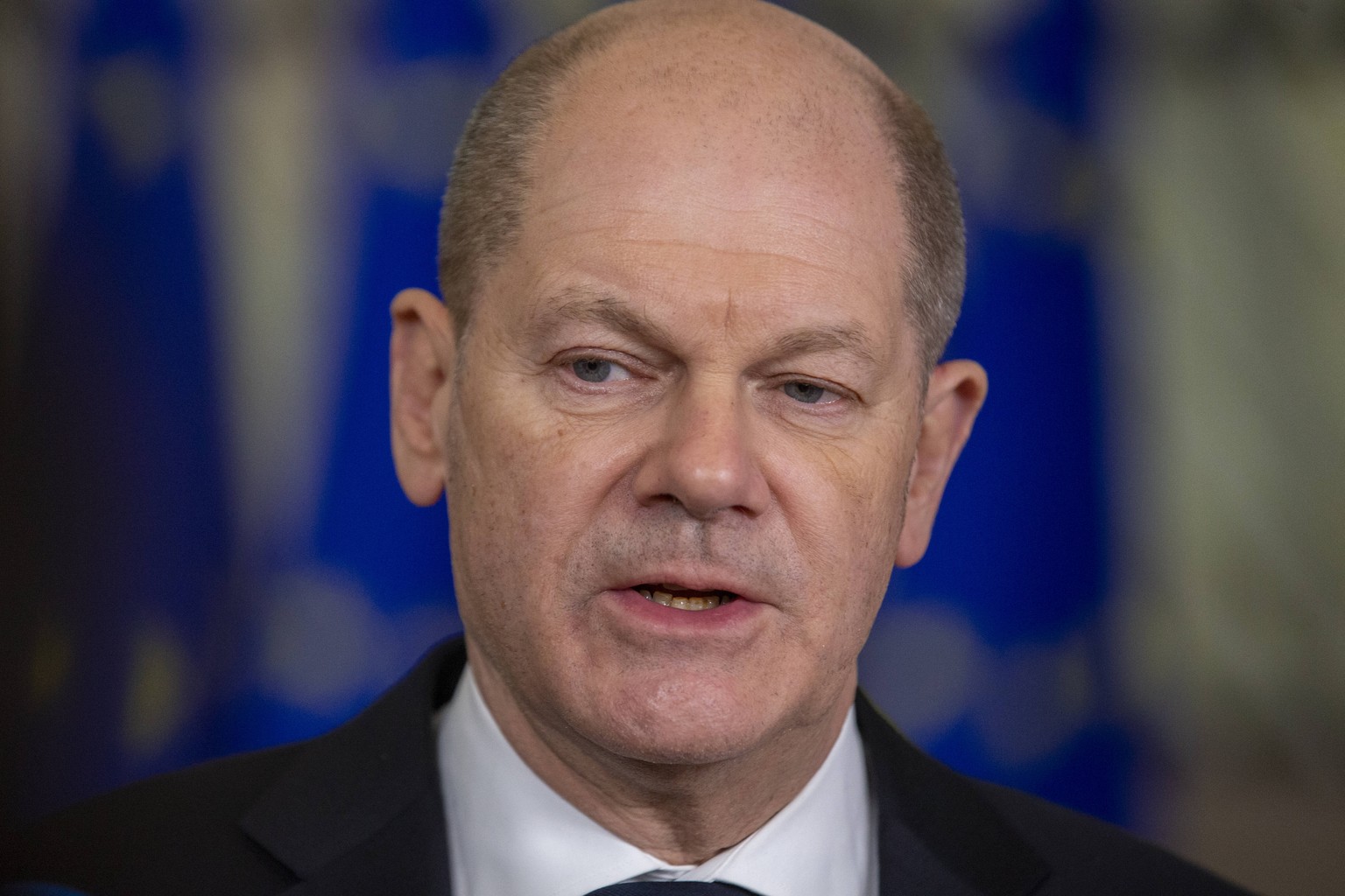 Chancellor of Germany Olaf Scholz arrives for a special meeting of European council called in emergency after the launch of Russian military operations in Ukraine, in Brussels, Thursday 24 February 20 ...