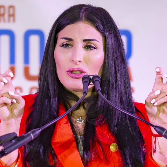 August 18, 2020, West Palm Beach, Florida, USA: Republican congressional candidate Laura Loomer speaks at an election night event at the airport Hilton in West Palm Beach, August 18, 2020. Loomer is o ...