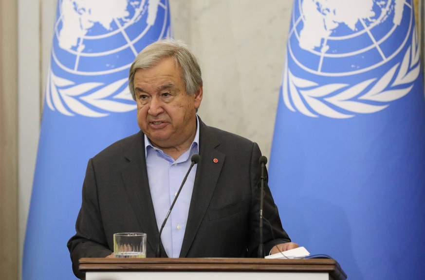 August 18, 2022, Lviv, Ukraine: UN Secretary-General Antonio Guterres speaks during their joint press conference. Turkish President Erdogan and UN Secretary General Guterres arrived in Ukraine to meet ...