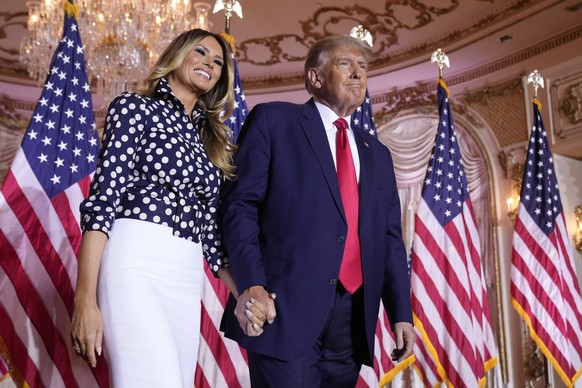 Former President Donald Trump stands on stage with former first lady Melania Trump after he announced a run for president for the third time at Mar-a-Lago in Palm Beach, Fla., Nov. 15, 2022. Trump has ...