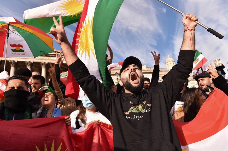 October 15, 2022, London, England, United Kingdom: Kurds protest in London, at Trafalgar Square, over the death of 22 year old Iranian Kurdish woman Mahsa Amini her Kurdish name was Jina Amini in the  ...