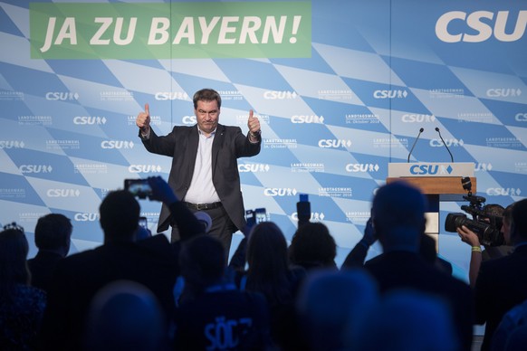 WURZBURG, GERMANY - OCTOBER 09: Markus Soeder, Governor of Bavaria and lead candidate for the Bavarian Social Union(CSU), the Bavarian Christian Democrats, reacts at a CSU election rally on October 9, ...