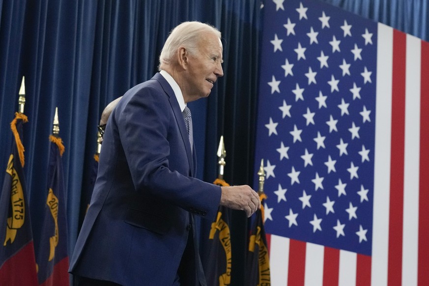 President Joe Biden walks out to speak at the Abbots Creek Community Center in Raleigh, N.C., Thursday, Jan. 18, 2024. Biden is visiting North Carolina to highlight $82 million in new spending to conn ...