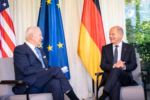 German Federal Chancellor Olaf Scholz and US President Joe Biden are pictured meeting for bilateral talks at Schloss Elmau, Germany, on Sunday, June 26, 2022, before the official start of the G7 Summi ...