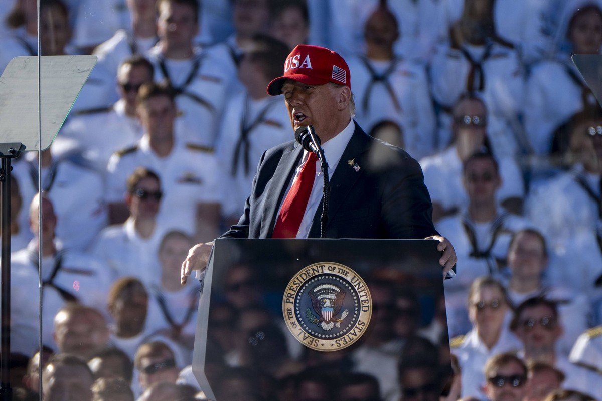 President Donald Trump speaks during the America s Navy 250 Titans of the Sea: A Salute to the Fleet event celebrating the 250th anniversary of the Navy at Naval Station Norfolk in Norfolk, Virginia o ...