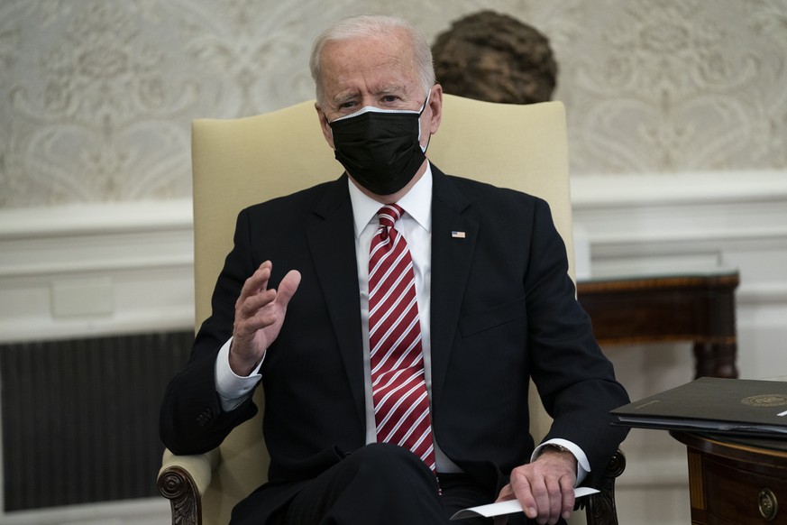 President Joe Biden speaks during a meeting with labor leaders in the Oval Office of the White House, Wednesday, Feb. 17, 2021, in Washington. (AP Photo/Evan Vucci)