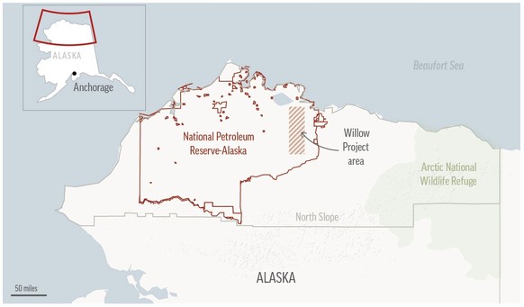 Map locates the Willow oil-drilling project in Alaska’s Western Arctic, which the Biden administration approved March 13.