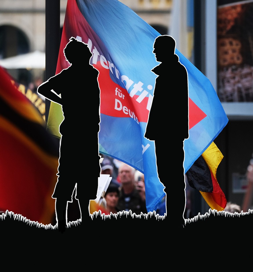 DRESDEN, GERMANY - JULY 15: Supporters of the anti-Muslim Pegida movement, including one holding a flag of the right-wing AfD political party, march in their 187th weekly, Monday night gathering not f ...
