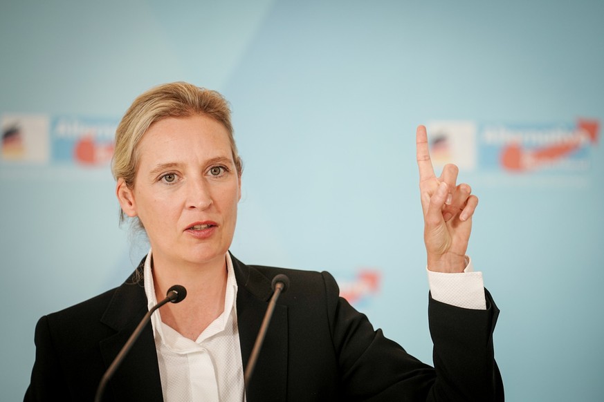 20.06.2023, Berlin: Alice Weidel, AfD-Bundesvorsitzende und Fraktionsvorsitzende der AfD, gibt ein Pressestatement zu Beginn der Fraktionssitzung ihrer Partei. Foto: Kay Nietfeld/dpa +++ dpa-Bildfunk  ...