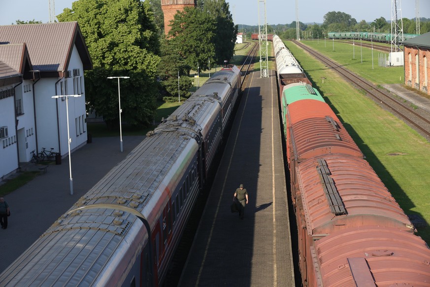 Ein litauischer Grenzschützer im Bahnhof von Kybartai bei der Kontrolle des russischen Passagierzugs von Kaliningrad nach Moskau. Der litauische Grenzort Kybartai liegt an der wichtigsten Eisenbahntra ...