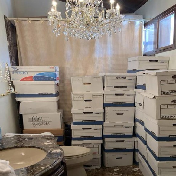 This image, contained in the indictment against former President Donald Trump, shows boxes of records stored in a bathroom and shower in the Lake Room at Trump&#039;s Mar-a-Lago estate in Palm Beach,  ...