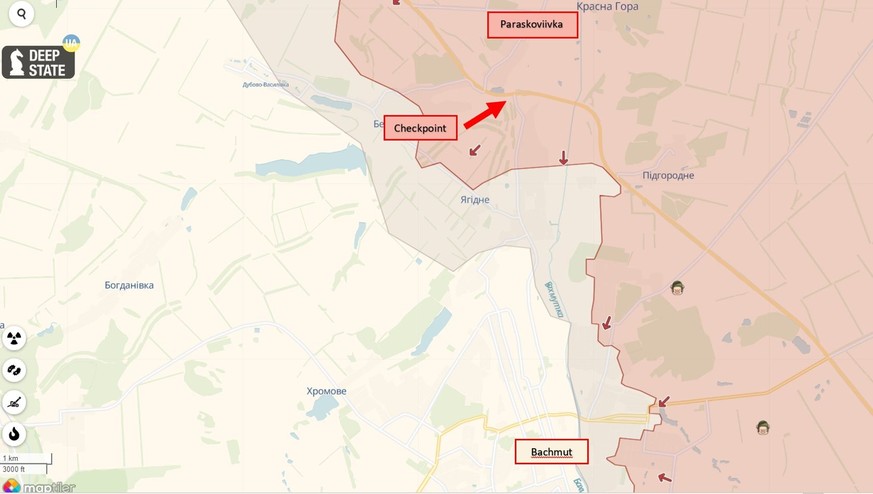 Ein Screenshot von Deepstatemap über die aktuelle Frontsituation um Bachmut. Die Autorin war im Januar noch vor Ort in Paraskoviivka, jetzt ist der Ort eingenommen.