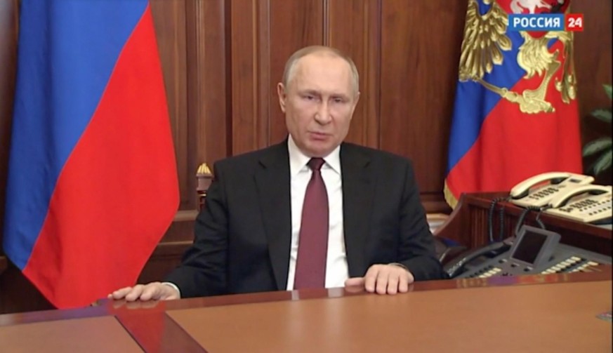 Ukraine - February 24, 2022 Russia attacks Ukraine. Russian President Vladimir Putin talks on the Russian TV
