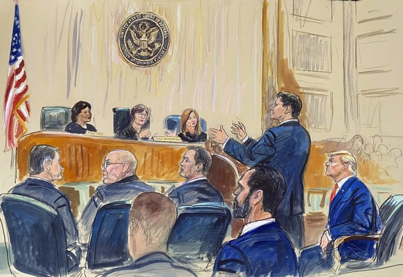 This artist sketch depicts former President Donald Trump, seated right, listening as his attorney D. John Sauer, standing, speaks before the D.C. Circuit Court of Appeals at the federal courthouse, Tu ...