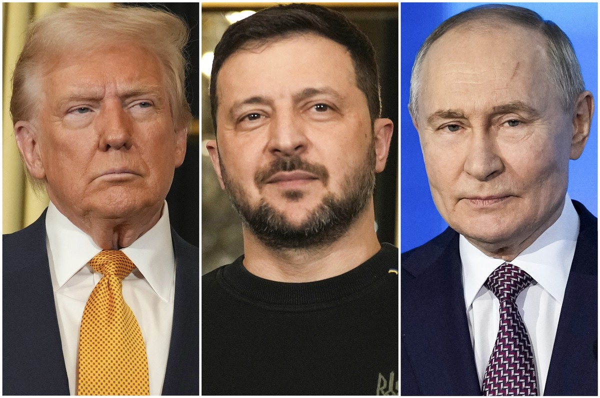 ARCHIV - 01.05.2025, ---, -: Die Kombo zeigt US-Präsident Donald Trump (l) und den ukrainischen Präsidenten Wolodymyr Selenskyj (M) am 7. Dezember 2024 im Elysee-Palast in Paris und Russlands Präsiden ...