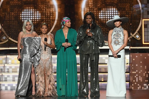 LOS ANGELES, CA - FEBRUARY 10: (L-R) Lady Gaga, Jada Pinkett Smith, Alicia Keys, Michelle Obama, and Jennifer Lopez speak onstage during the 61st Annual GRAMMY Awards at Staples Center on February 10, ...