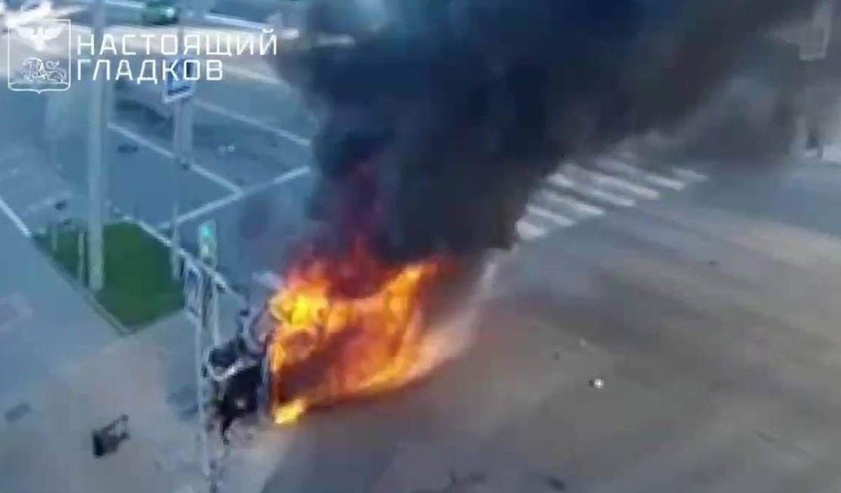 Russia Ukraine Drone Attack 8980776 14.08.2025 In this handout video grab, a view shows a burning car on a street after a reported Ukrainian drone attack in the course of Russia s military operation i ...