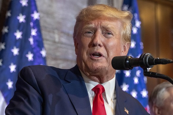 FILE - Former President Donald Trump speaks at a campaign event at the South Carolina Statehouse, Jan. 28, 2023, in Columbia, S.C. Republican presidential candidates will be blocked from the debate st ...