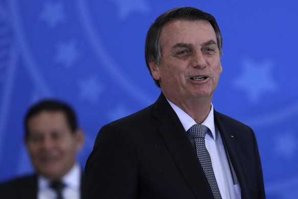 Brazil&#039;s President Jair Bolsonaro speaks during a ceremony at Planalto presidential palace, in Brasilia, Brazil, Tuesday, July 23, 2019. (AP Photo/Eraldo Peres)