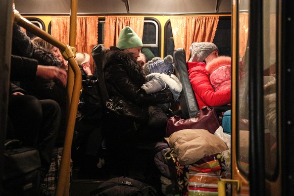 ROSTOV-ON-DON REGION, RUSSIA - FEBRUARY 19, 2022: A bus carrying people evacuated from the Donetsk People&#039;s Republic arrives at a refugee camp organised at the Kotlostroitel children&#039;s healt ...