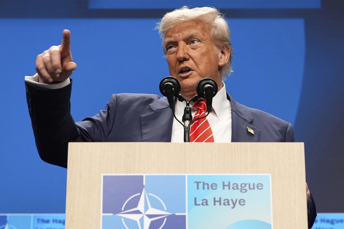 President Donald Trump points as he speaks during a media conference at the end of the NATO summit in The Hague, Netherlands, Wednesday, June 25, 2025. (AP Photo/Alex Brandon)