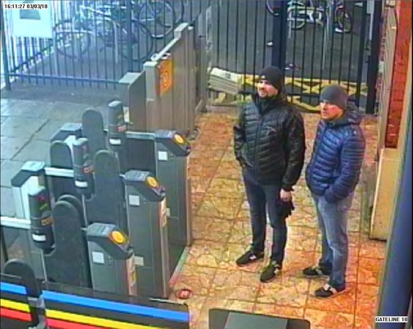 Alexander Petrov and Ruslan Boshirov, who were formally accused of attempting to murder former Russian intelligence officer Sergei Skripal and his daughter Yulia in Salisbury, are seen on CCTV at Sali ...