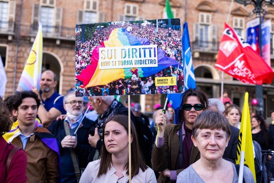 Protest Against Discrimination Of Children Of Homosexual Couples The rainbow families, an association of families with homosexual parents demonstrate in the square Piazza Castello, Torino Italy, on ap ...