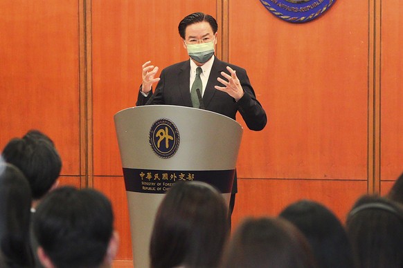 In this photo released by the Taiwan Ministry of Foreign Affairs, Taiwan's Foreign Minister Joseph Wu speaks during a press conference in Taipei, Taiwan on Tuesday, Aug. 9, 2022. Wu on Tuesday said th ...