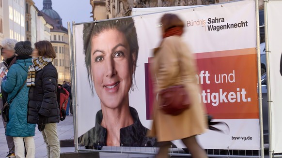 Wahlplakat Sahra Wagenknecht, Vorsitzende BSW, auf dem Marienplatz, München, 3. Februar 2025 Deutschland, München, 03. Februar 2025, Wahlplakat Sahra Wagenknecht, Vorsitzende BSW, zur Bundestagswahl,  ...