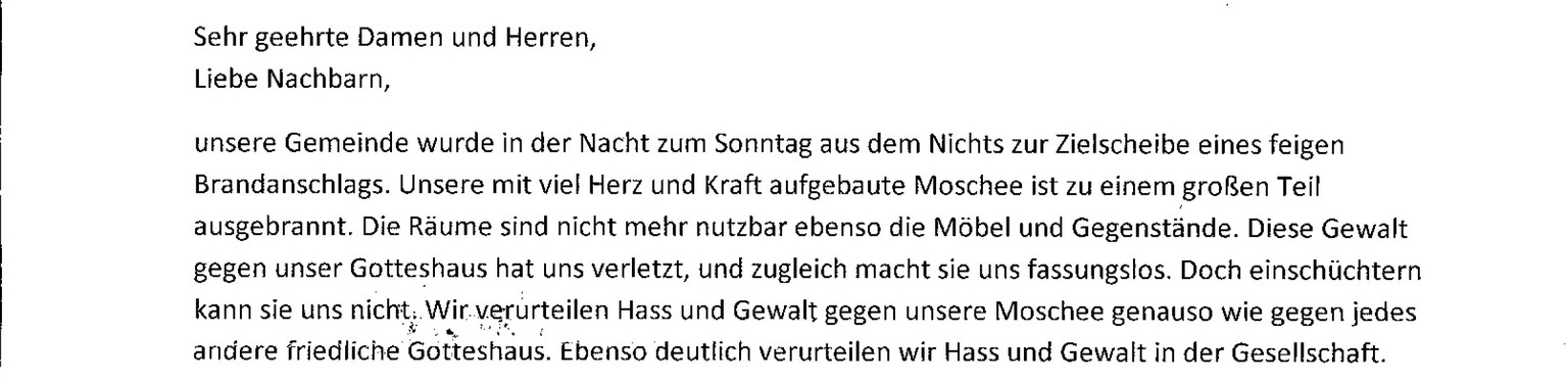 Brief der Koca Sinan Camii Moschee, Brandanschlag Berlin-Reinickendorf