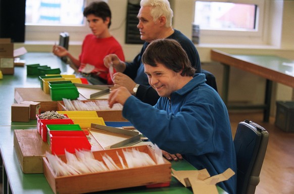 Mitarbeiter der Werkstätte &quot;Rauti&quot; in Zürich bei der Arbeit, aufgenommen am 14. November 2003. Die RGZ-Stiftung bietet mit dem Wohnheim &quot;Loomatt&quot; und der Werkstätte &quot;Rauti&quo ...