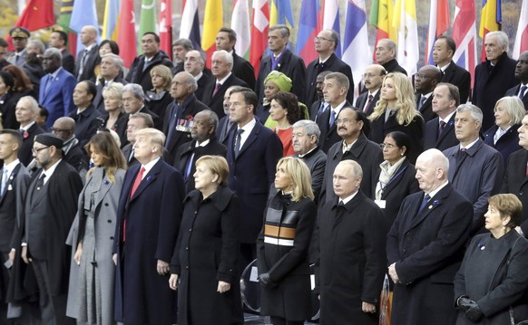 November 11, 2018 - Paris, France - World leaders gathered before the start of events marking the Centennial of Armistice Day at the Arc de Triomphe November 11, 2018 in Paris, France. Standing from l ...