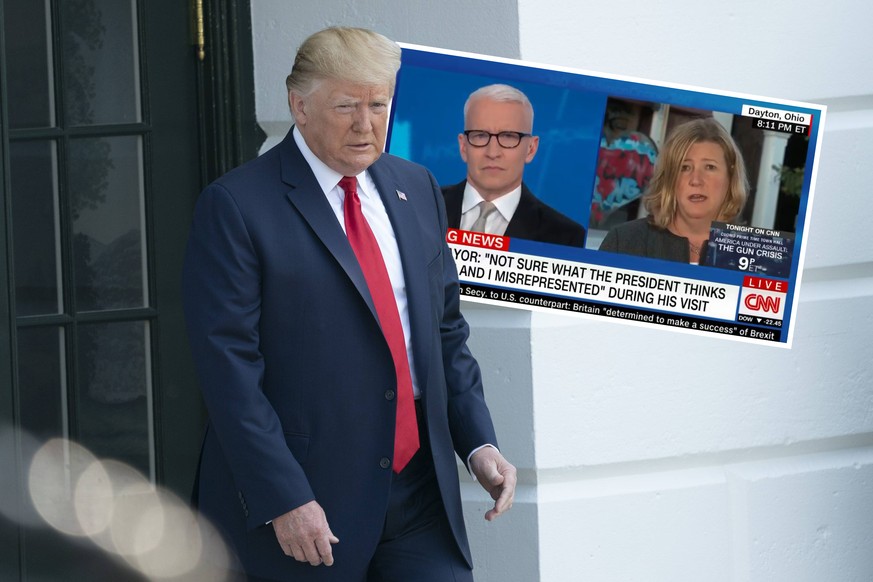 United States President Donald J. Trump walks to speak to the media at the White House August 7, 2019 before departing to visit El Paso, TX and Dayton Ohio after recent shootings in those cities. PUBL ...