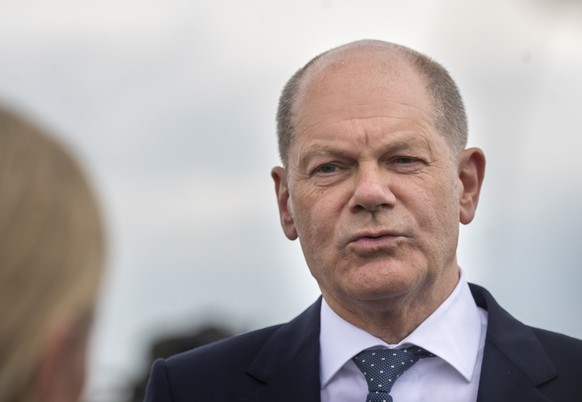 German Chancellor Olaf Scholz speaks during a media conference during his visit to the Training Range in Pabrade, some 60km (38 miles) north of the capital Vilnius, Lithuania, Tuesday, June 7, 2022. ( ...