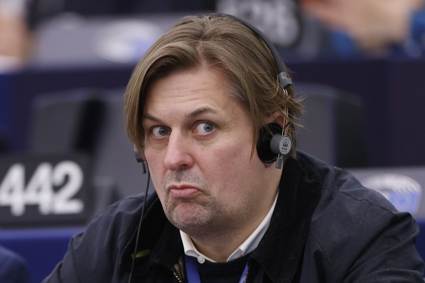 FILE -Germany&#039;s Maximilian Krah, of the German far-right Alternative for Germany party, grimaces during a session at the European Parliament in Strasbourg, France, Tuesday, April 23, 2024. German ...