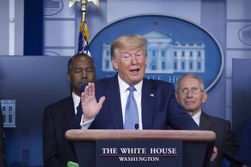 United States President Donald J. Trump, joined by members of the Coronavirus Task Force, makes remarks on the Coronavirus crisis in the Brady Press Briefing Room of the White House in Washington, DC  ...