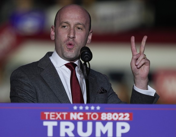 Stephen Miller speaks before Republican presidential nominee former President Donald Trump at a campaign rally at Minges Coliseum, Monday, Oct. 21, 2024, in Greenville, N.C. (AP Photo/Julia Demaree Ni ...