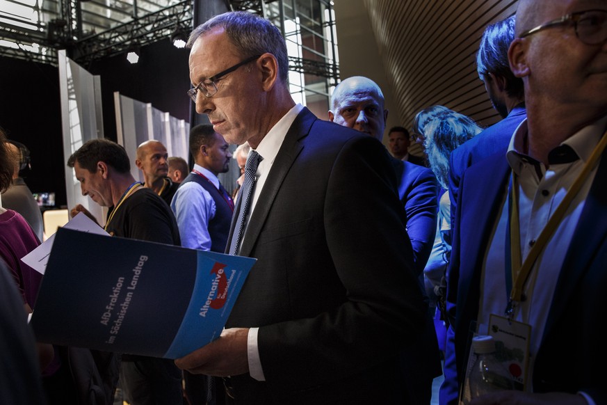 DRESDEN, GERMANY - SEPTEMBER 01: Joerg Urban, main candidate of the right-wing Alternative for Germany (AfD) political party waits in the tv-studio following the announcement of the results of the sta ...