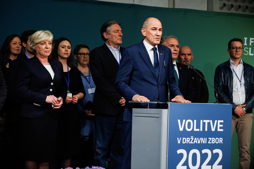 April 24, 2022, Ljubljana, Slovenia: Prime Minister Janez Jansa, the president of the Slovenian Democratic Party (SDS), speaks at a press conference following a defeat at the Slovenian parliamentary e ...